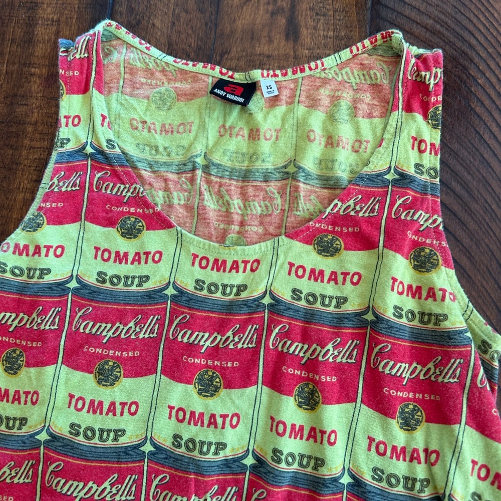 Uniqlo Andy Warhol Green Red Campbell’s tomato soup Sleeveless tunic Top, XS - Picture 2 of 4